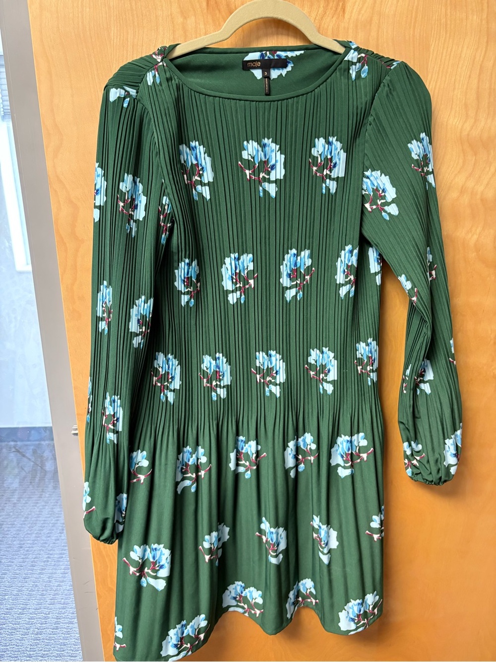 SOLD ALREADY Maje Green Long-Sleeve Floral Pleated Dress